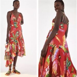 Farm Rio Red Tropical Parrot Wrap Dress XS Asymmetrical Midi Vacation Ready